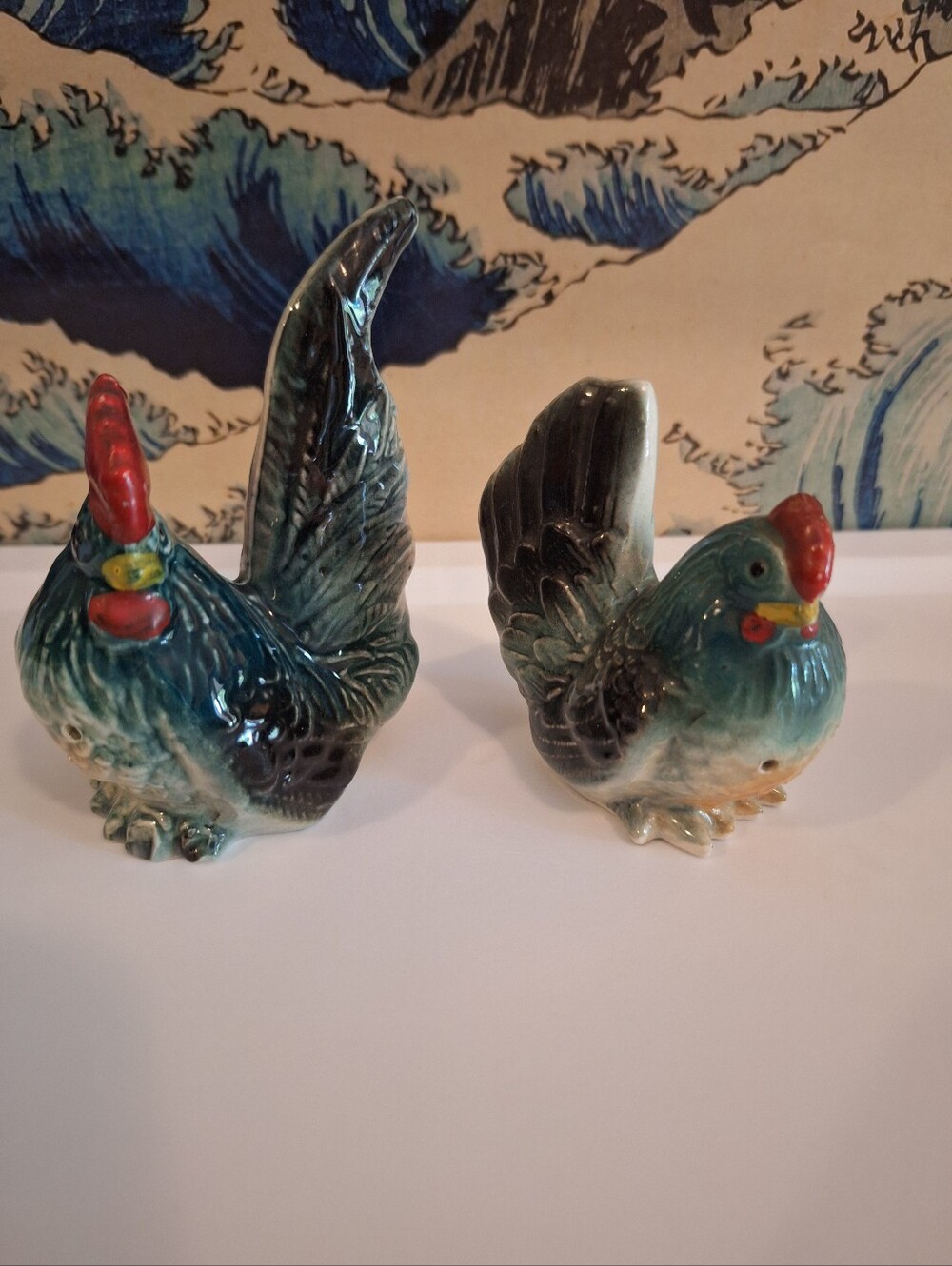 Vintage Ceramic Rooster & Henny - Teal & Red Salt & Pepper